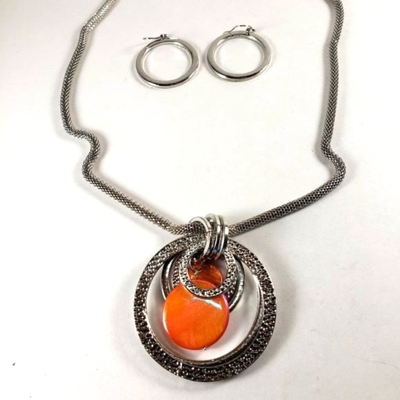 Silver Multi-Hoop & Disc Pendant Necklace  & Earrings - Women’s Fashion Jewelry - Picture 4 of 11